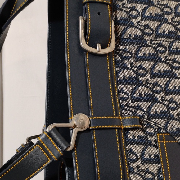 FIRM PRICE! Auth Dior Denim Navy Blue Oblique/Leather Vint Buckle Tote/Dust Bag - Picture 4 of 16